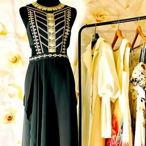 BCBGMaxAzria Black and Gold Midi Dress
